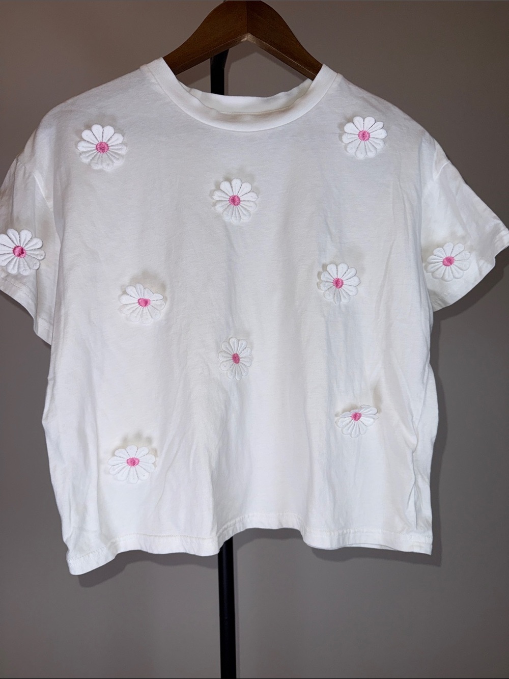 Shop The Mint White Daisy Embroidered Tee with Pink Centers | Size S